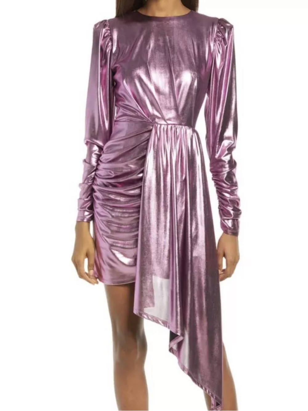 Elliatt Metallic Magenta Asymmetric Open Back Ruched Mini Dress w/ Bow | Size L